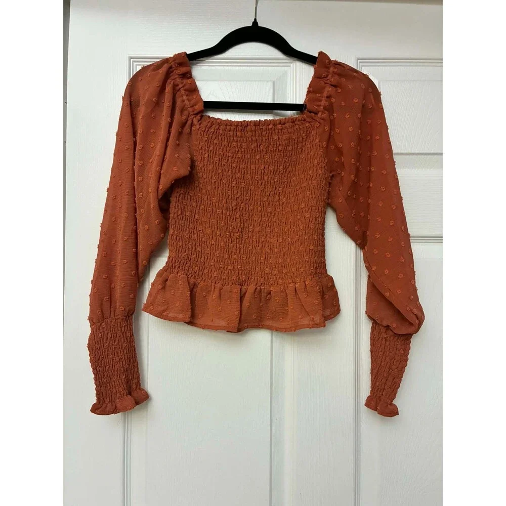 O+A Los Angeles Smocked Crop Top XS‎ Rust Puff Sleeve Peplum Blouse